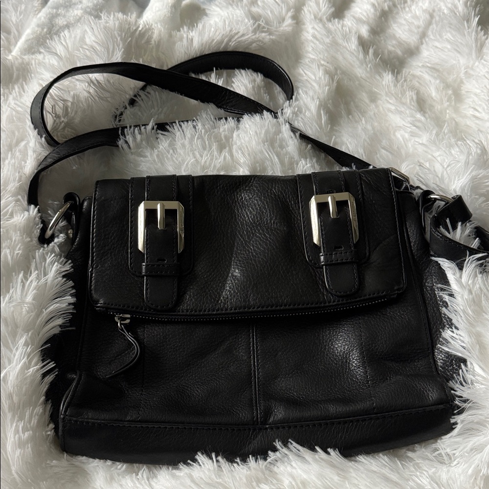BMckowsky Black Leather Crossbody Bag with Buckle Accents